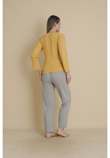 Kadın Penye Sıfır Yaka Uzun Kol Pijama Takımı Sarı Gri