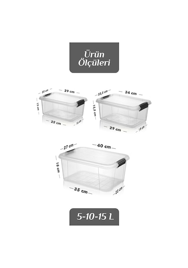 3'lü Organizer Box 5-10-15l Saklama Kabı - Çok Amaçlı Düzenleyici Kilit Kapak Derin Saklama Kutusu Şeffaf
