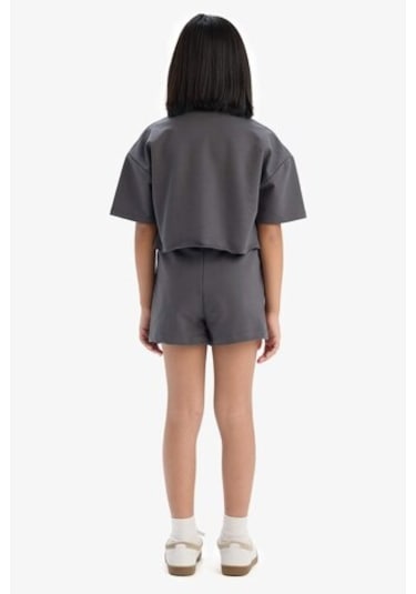 DeFacto Kız Çocuk 2'li Takım Baskılı Kısa Kollu Tişört Şort E0730A825SMAR15 Antrasit