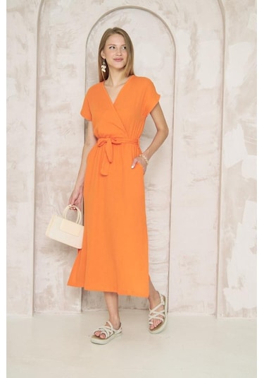 Kadın %100 Müslin Pamuk Yırtmaçlı Kruvaze Beli Kuşaklı Salaş Uzun Günlük Elbise 3612330 Turuncu