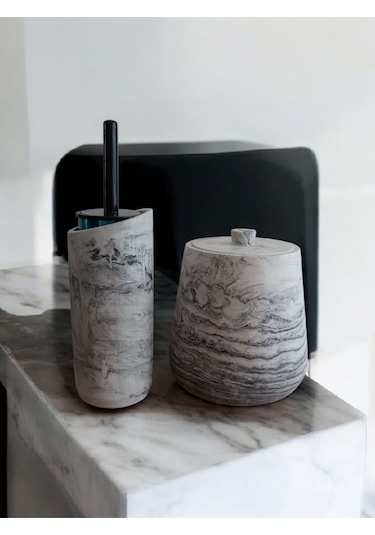 4 Parça Antrasit Beton Banyo Wc Seti Tuvalet Fırçası Çöp Kovası 4 Litre Antrasit