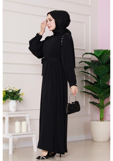 Omuzu Taş Detaylı Rose Elbise-siyah-4773 Siyah