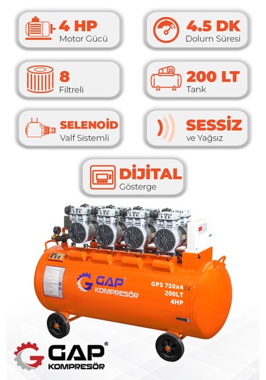 Gap Kompresör Hava Kompresörü Sessiz Ve Yağsız Hava Kompresörü 200 L