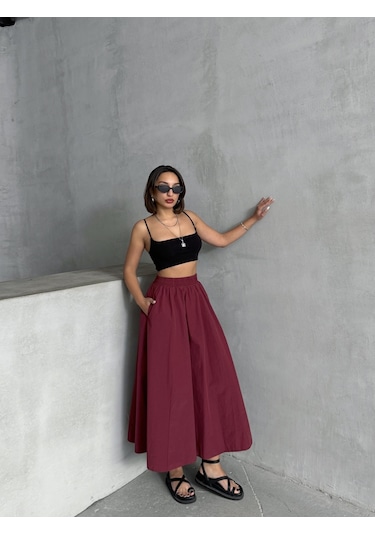 Kadın Beli Lastikli Dokuma Kloş Etek Bordo Kadın Beli Lastikli Dokuma Kloş Etek Bordo