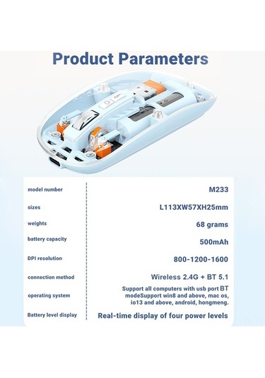 Didadodo Şeffaf Kablosuz 3 Modlu Bluetooth 5.1 Oyun & Ofis Faresi - 1600dpi, Sessiz Tuşlar, Type-c Şarj Şık Tasarım Şeffaf