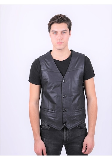 New Zaya Leather Erkek Siyah Deri Yelek (468580269)