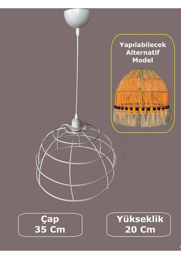 Yarım Küre Avize Teli , İskeleti 35x20 Cm Beyaz Statik Boyalı Duy Takımı Dahil Beyaz