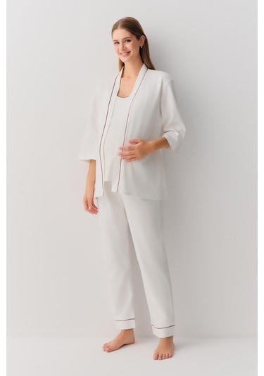 Suwen Pearl 3 Parçalı Hamile Lohusa Pijama Takımı Sh26212660t036 Ekru