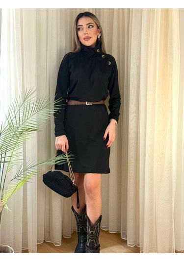 Kadın Uzun Kollu Balıkçı Yaka Düğme Detaylı Kısa Şardonlu Dalgıç Elbise Siyah