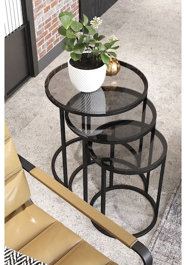 Dekoport Milas Zigon Sehpa Yan Sehpa Küçük Ölçü 38 - 31 - 26 Cm Siyah Füme