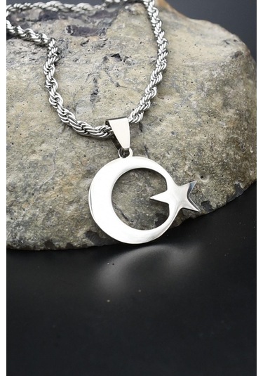 Ay Yıldızlı - Ay Yıldız Kolye Paslanmaz Çelik Zincir 902300 Gümüş