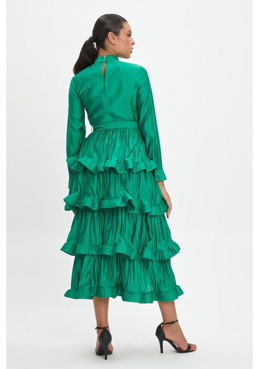 Kat Kat Fırfırlı Ve Bağcıklı Midi Boy Elbise - Günlük Ve Özel Günler İçin Modern Şıklık Bordo