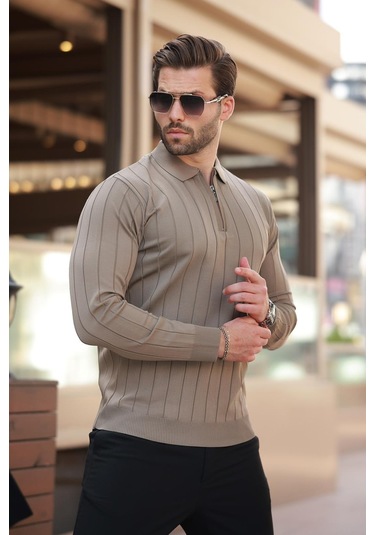 Açık Kahverengi Polo Yaka Fermuarlı Örme Kazak 7242 Açık Kahverengi