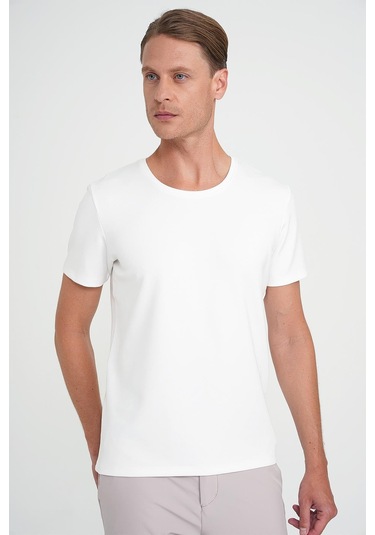 Comfort Fit Bisiklet Yaka Esnek Pamuk Düz Ekru Tişört Ts 915 Ekru