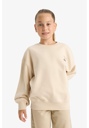 Defacto Kız Çocuk Oversize Geniş Kalıp Bisiklet Yaka Baskılı Sweatshirt E6755a825auer230 Ekru