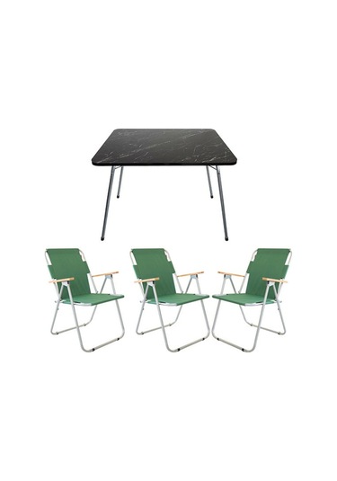 Bofigo 60x80 Granit Katlanır Masa + 3 Adet Katlanır Sandalye Kamp Seti Bahçe Balkon Takımı Yeşil