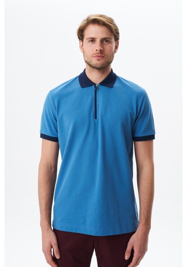 Arma Erkek Regular Fit Basic % 100 Pamuk Pike Fermuarlı Polo Yaka Tişört Y29374354302 Mavi