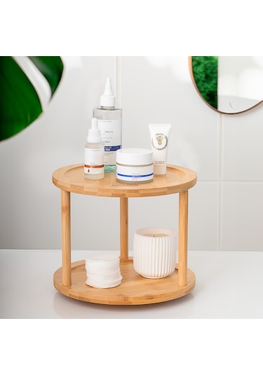 Porsima 76073 Bambu Döner Standlı Sunumluk Makyaj Organizeri Ahşap 2 Katlı Düzenleyici Baharatlık Standı