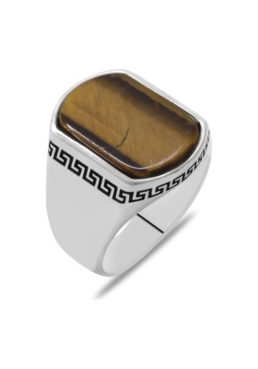 Flat Tasarım Kaplan Gözü Taşlı 925 Ayar Gümüş Erkek Yüzük (457819398)