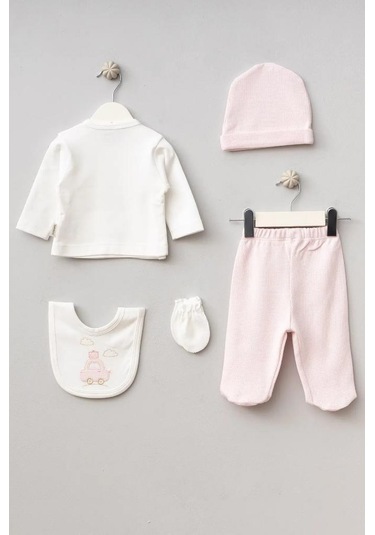 Bebitof %100 Pamuk Bulutlu Araba Desenli 5 Parça Yenidoğan Hastane Çıkışı Zıbın Seti Bbtf.pmb.20109 Pembe