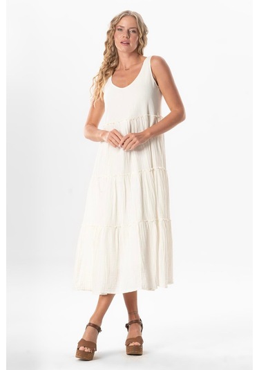 Kolsuz Artemis Oval Yaka Yıldız Baskılı Midi Boy Müslin Yazlık Elbise Kırık Beyaz Krkbyz Kırık Beyaz