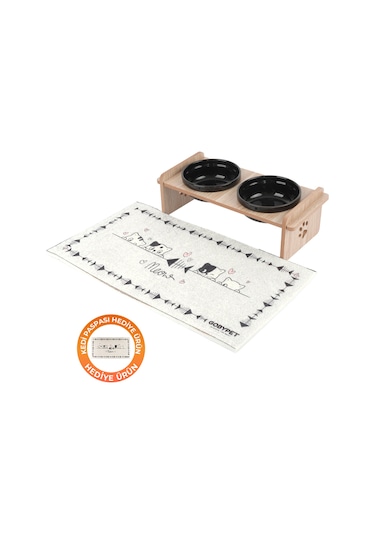 Ahşap Standlı Seramik Kaseli Kedi-köpek Mama Ve Su Kabı