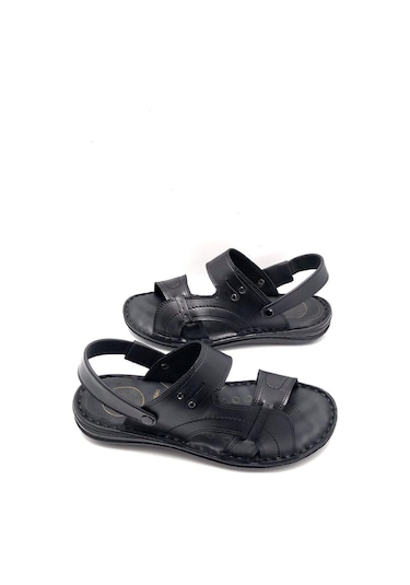 Deritarz Hakiki Deri Tam Ortopedik Masajlı Erkek Terlik Siyah