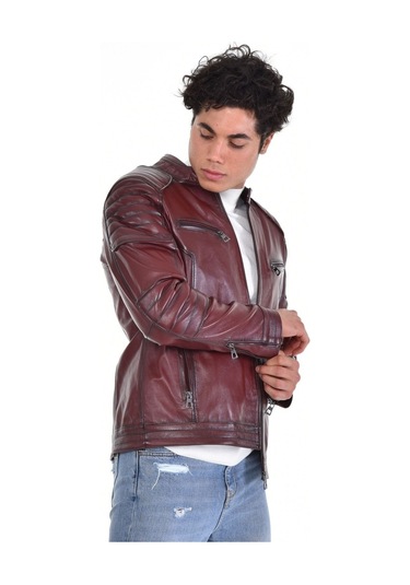 Hakiki Deri Fermuarlı Hakim Yaka Dört Cepli Erkek Deri Ceket Kahverengi Kahverengi