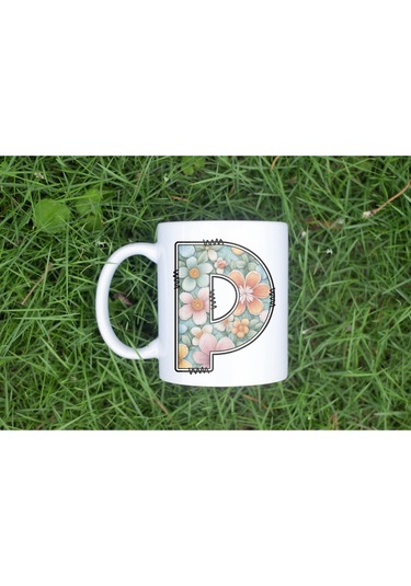 P Harfli Pastel Çiçek Desenli Kahve Kupası - Kişiye Özel Çiçekler Koleksiyonu Bardak - Hediye Beyaz