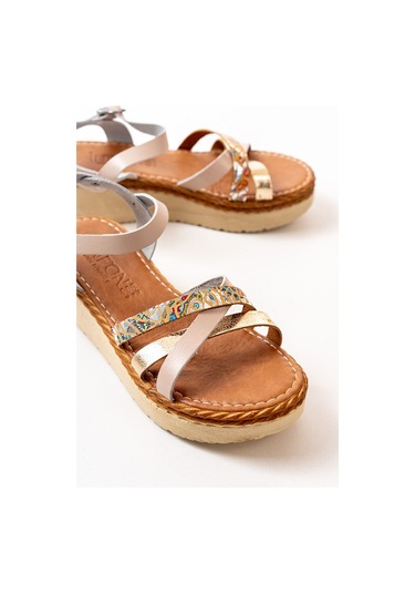 730-015 Bej Garni Ortopedik Hakiki Deri Dolgu Kadın Sandalet Bej