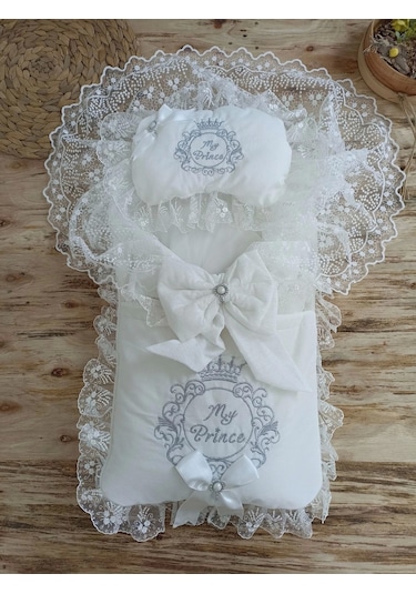 Yenidoğan Nil Taç Nakışlı Hayal Güpürlü Trilüks Kundak Bebek Battaniyesi 3lü Alt Açma Seti Gri