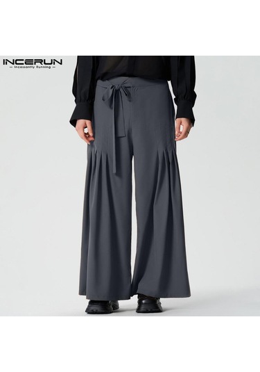 Incerun Erkek Yüksek Bel Bağcıklı Geniş Paça Pantolon Rahat Pileli Resmi Pantolon Gri