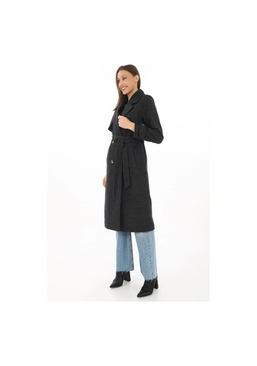 Premium Kadın Kaşe Kaban Uzun Boy, Balık Sırtı Yünlü Kaşmir Dokuma, Kruvaze Kuşaklı Astarlı - Siyah Siyah