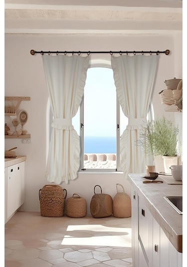 Naturel Perde Vintage Çift Kanat Dikey Fırfırlı Krem