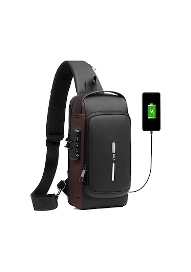 Newish Polo Siyah - Kahverengi Unisex Vegan Deri Ayarlanabilir Çapraz Askılı Göğüs Omuz Ve Bel Mini Sırt Çantası - Erkek Siyah - Kahverengi