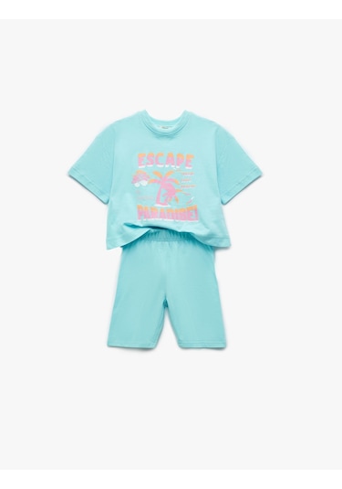 Koton Bisiklet Yaka Kısa Kollu Pamuklu Baskılı Tişört Ve Tayt Seti Turkuaz 5skg10148ak Turkuaz