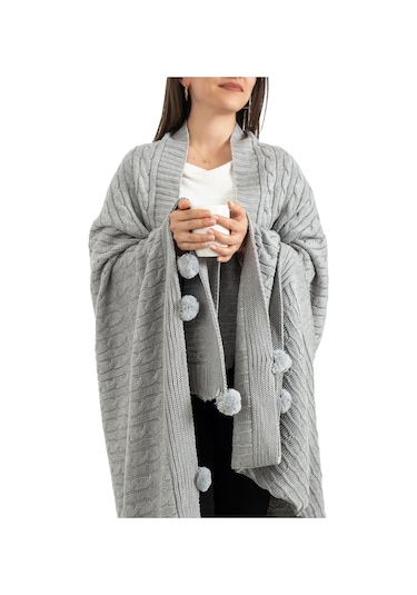 Ponponlu Triko Örme Tv Battaniyesi Koltuk & Omuz Şalı & Diz Battaniyesi 130x170cm - Açık Gri Açık Gri