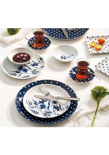Porland Blossom 30 Parça 6 Kişilik Kahvaltı Takımı Beyaz - Lacivert
