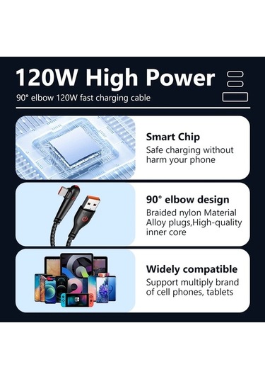 Tongxida 120w Usb Tip-c Kablo, 90 Derece Dirsek, Huawei Mate Hızlı Şarj, 1.5m, Siyah