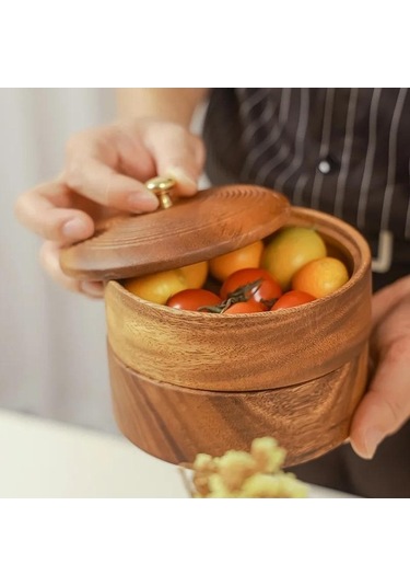 Pazly Ahşap Kapaklı 2 Katlı Kurutulmuş Meyve Tepsisi, Ev Şeker Akasya Saklama Kutusu, Kahverengi Çok Katlı İstiflenebilir Ceviz Tepsisi Kahverengi