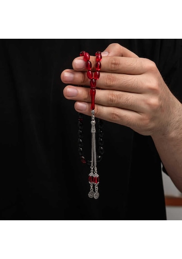 Gümüş Püskül Sıkma Kehribar Tesbih Kırmızı