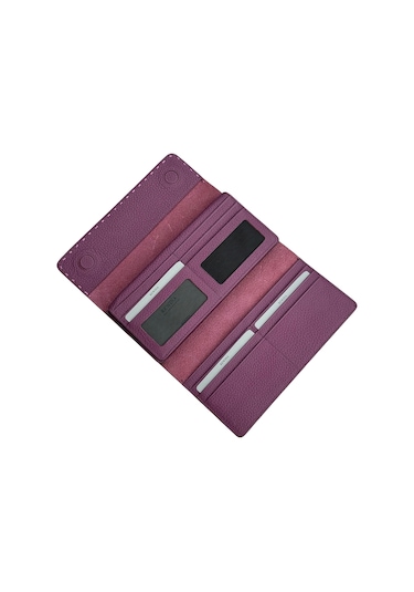 Mor %100 Hakiki Deri Dikiş Detaylı Gizli Mıknatıslı Kapaklı Özel Tasarım Kadın Cüzdan Portföy Mor