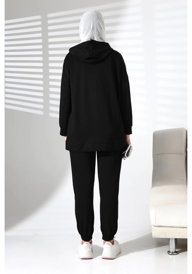 Kadın Mevsimlik Alt Üst Rahat Siyah Spor Ikili Tunik Pantolon Şık Tesettür Takım Siyah