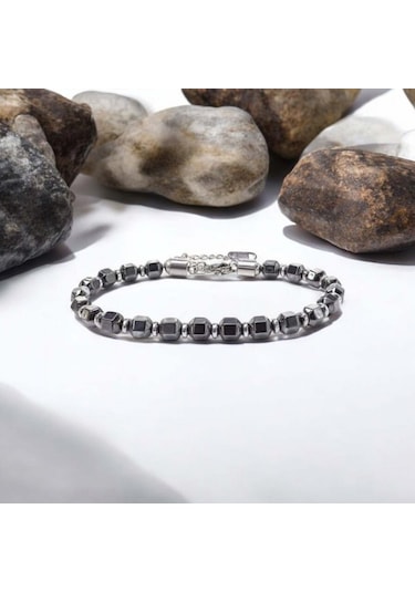 Erkek Elmas Kesim Hematit Ayaranabilir Çelik Zincir Bileklik 9165 Antrasit