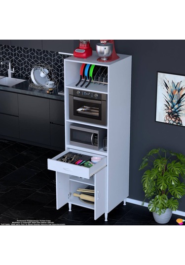 Modilayn Ennet 60x194.6x48 Cm Fırın / Mikrodalga Dolabı 1 Çekmece, 2 Kapaklı. Mutfağınıza Yer Açın Beyaz