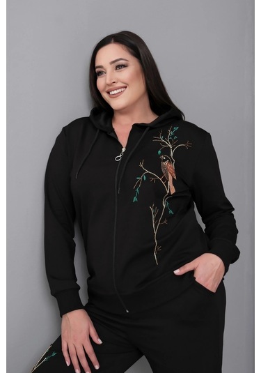 Kapüşonlu Fermuarlı Boncuk Nakışlı Takım Siyah