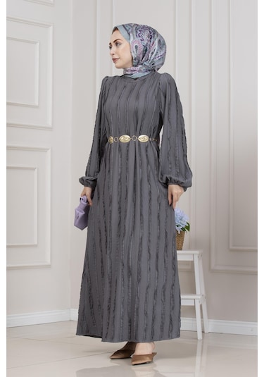 Fırfır Detaylı Rüya Elbise-gri-5470 Gri