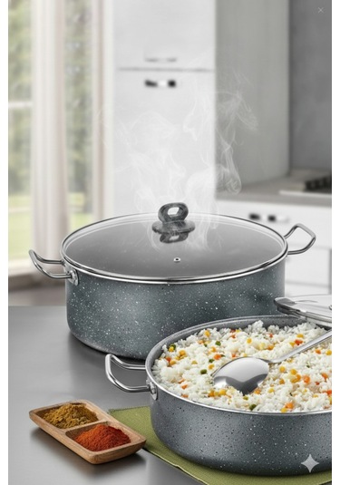 Polochef Megatron Granit Derin Pilav,karnıyarık Tencere Kapaklı Yanmaz Yapışmaz 40 Cm Gri Gri