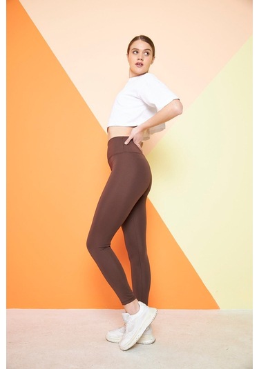 Kahverengi Yüksek Bel Sıkılaştırıcı Toparlayıcı Kışlık Şardonlu Dalgıç Kumaş Spor Günlük Tayt Kahverengi