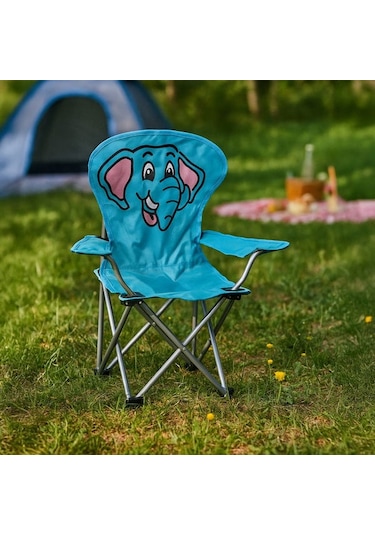 Kpm Katlanır Fil Desenli Çocuk Kamp Sandalyesi - Mavi Mavi